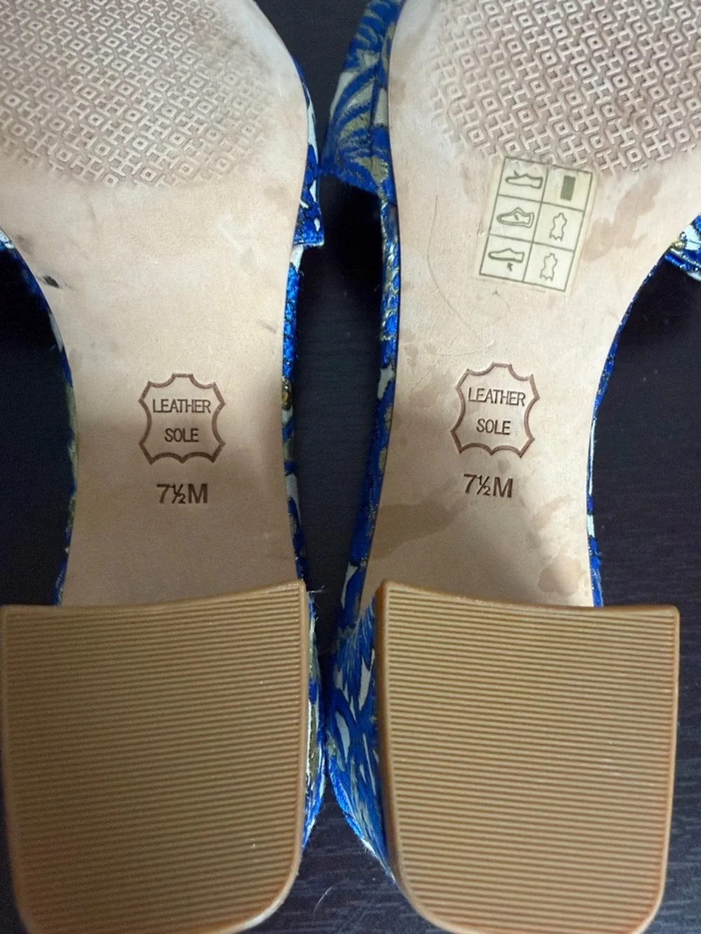Tory Burch Valentina 45mm bow slide heels blue floral brocade logo Sz 7.5